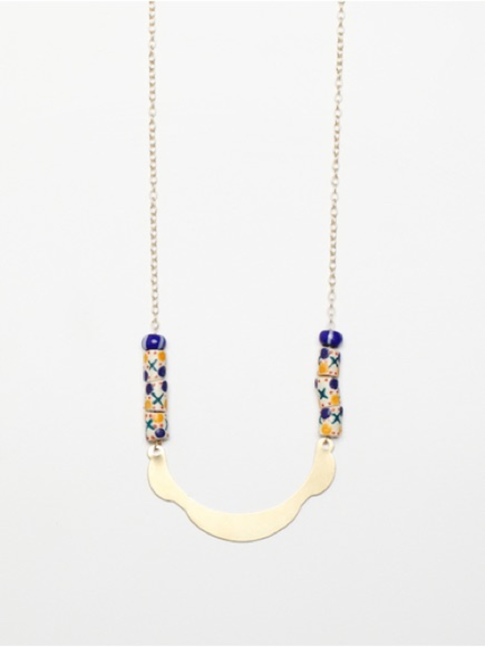 Garnett Jewelry Plains-  Gold Crescent Necklace with Blue Multicolor Beads
